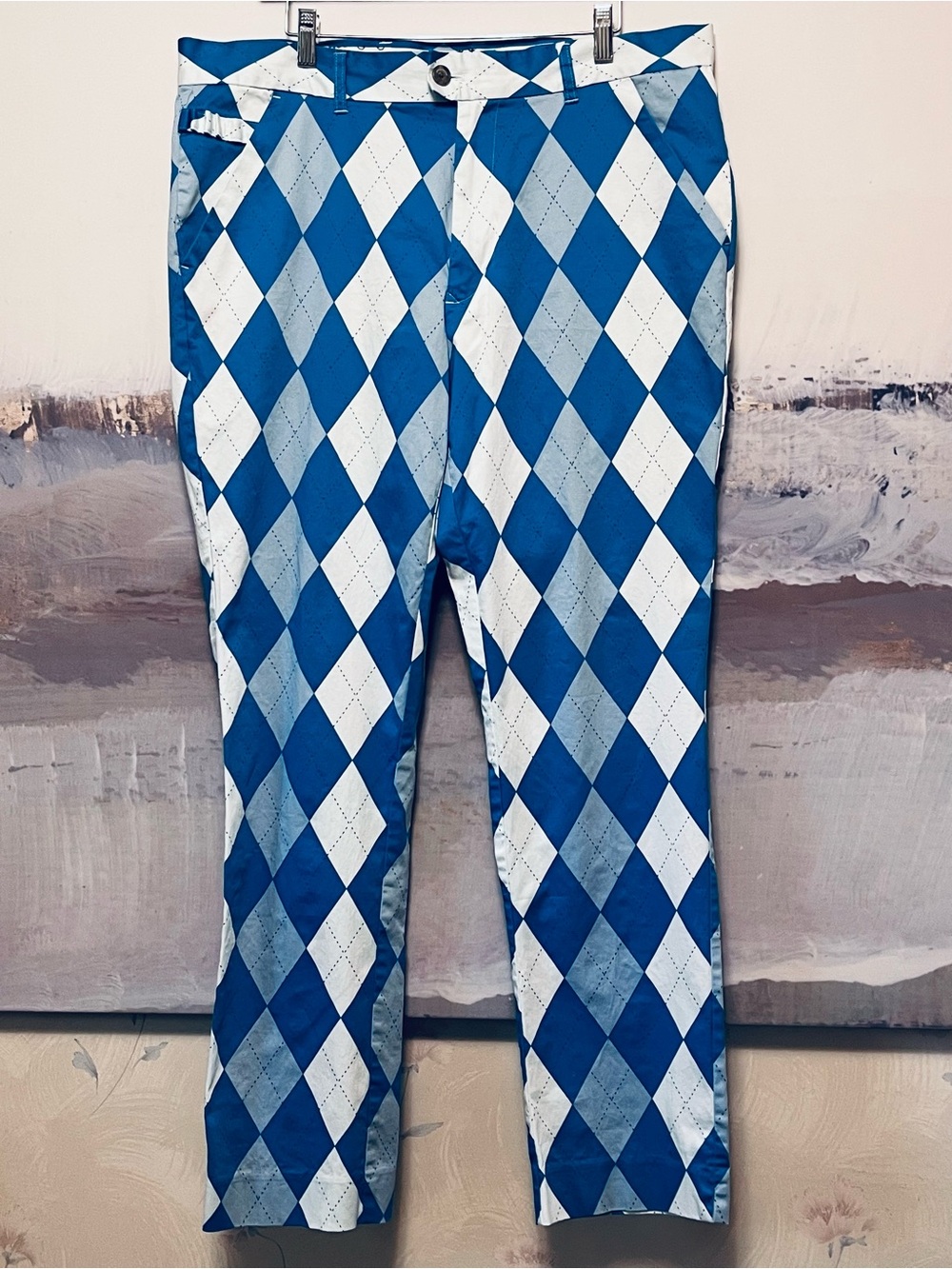 ROYAL & AWESOME Golf Pants Old Tom's Trews Men’s 38 X 32 Argyle Blue Diamond EUC